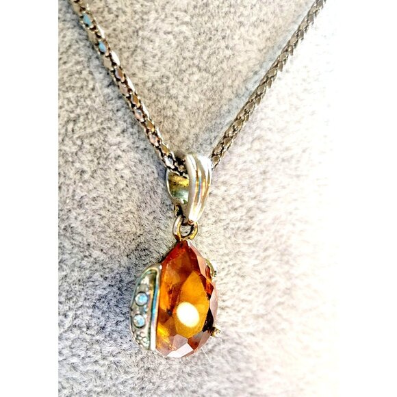 Pear shaped Citrine and Cubic Zirconia Gemstone Pendant Silver Tone Necklace 22" - Picture 3 of 9
